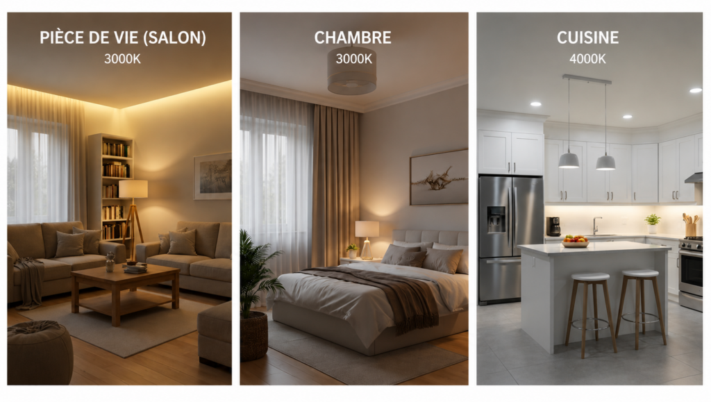 blocs de trois photos montrant des exemples de lumières a installé dans la chambre, le salon et la cuisine