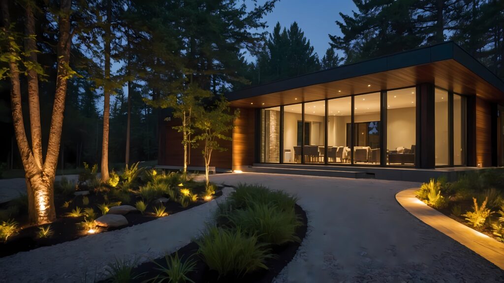 photo d'une maison et de son jardin éclairé la nuit
